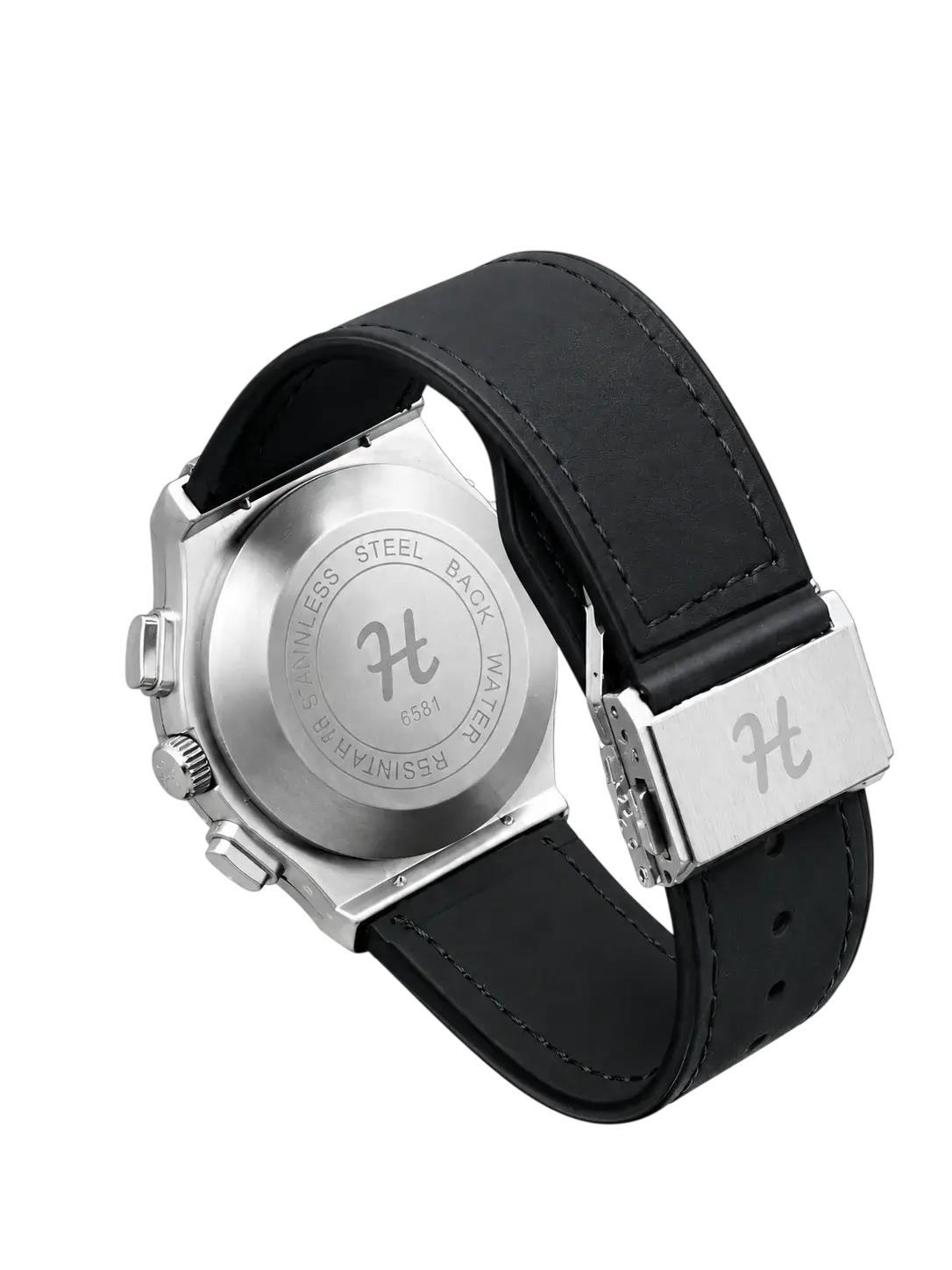 Black leather strap detail on silver men's watch