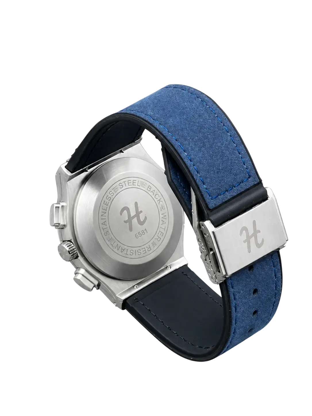 Blue leather strap detail on men's silver watch