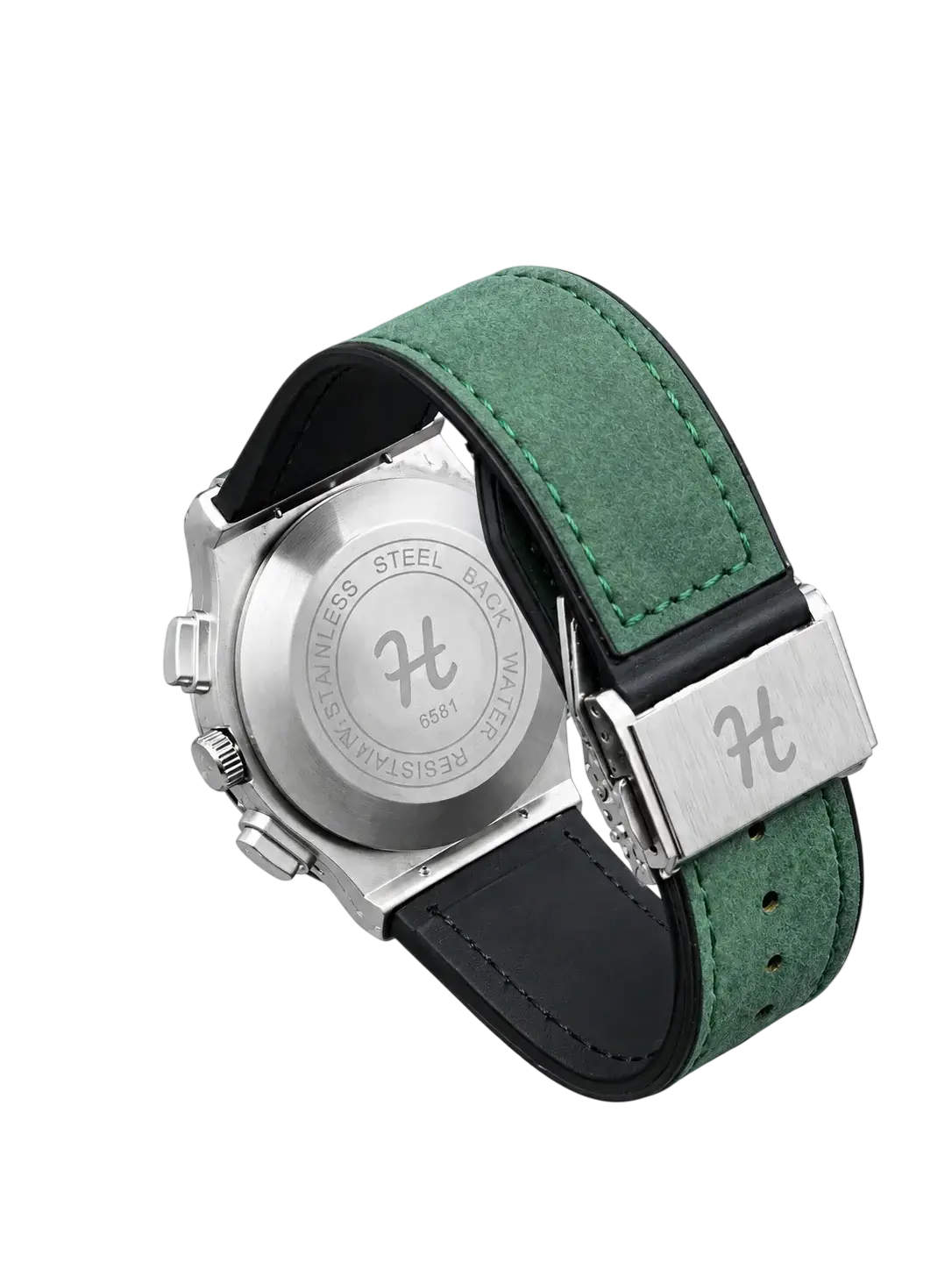 Green leather strap detail on men's silver watch