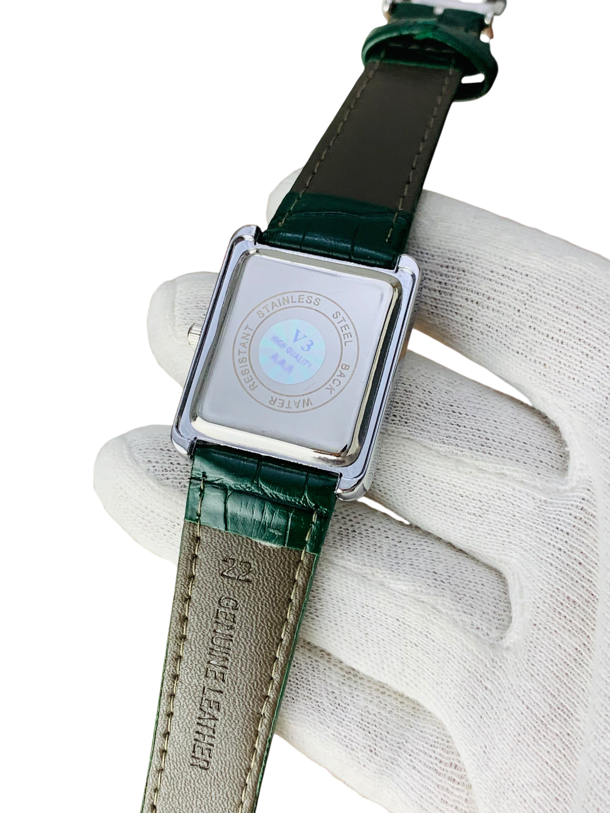 Luxury-style men's watch with green leather strap and Tank-inspired design – VORYSA