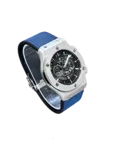 Silver men's watch with blue strap side view