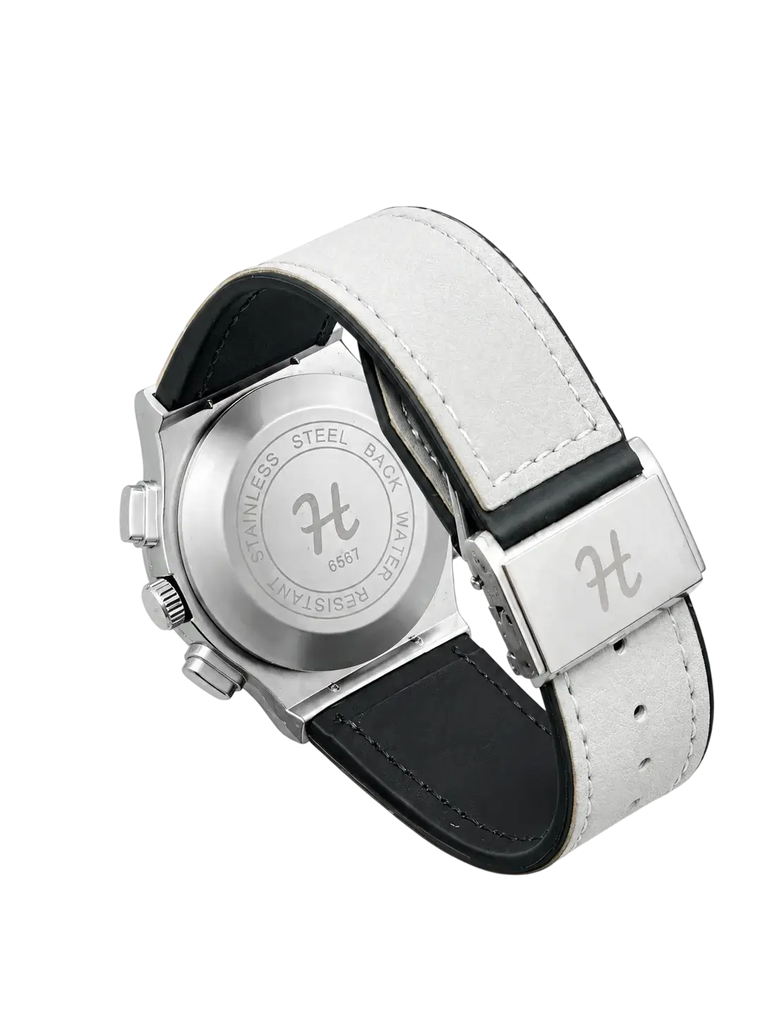 Silver watch case and bracelet detail