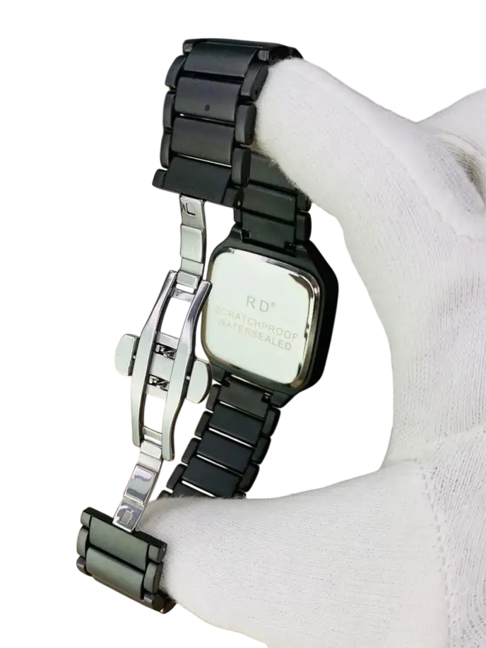 Black watch bracelet and case detail