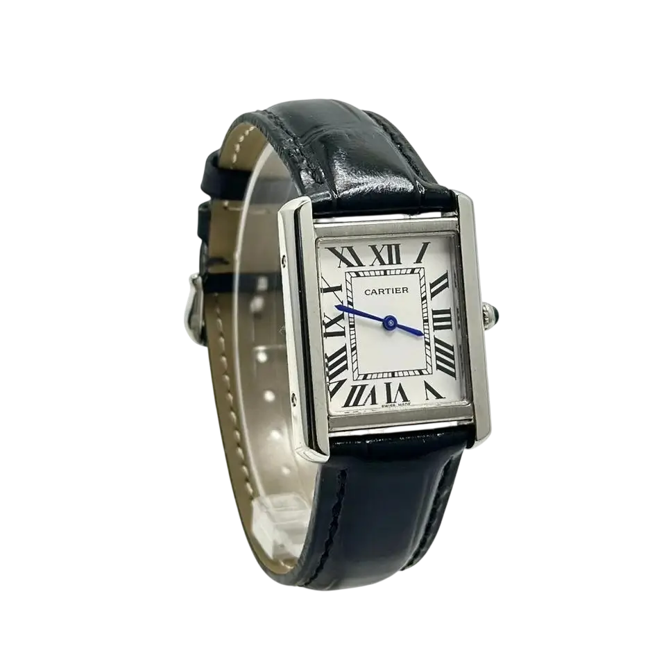 Cartier Tank Black Watch Side Profile on Display Stand