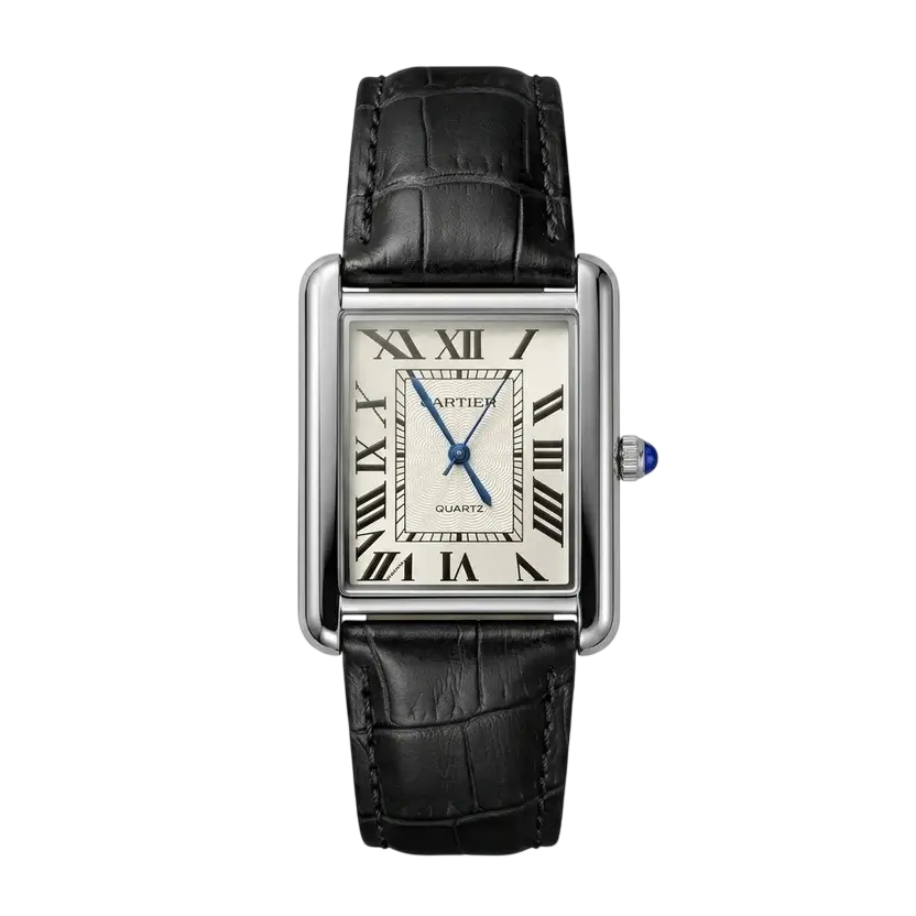 Cartier Tank Watch with Black Leather Strap Front View