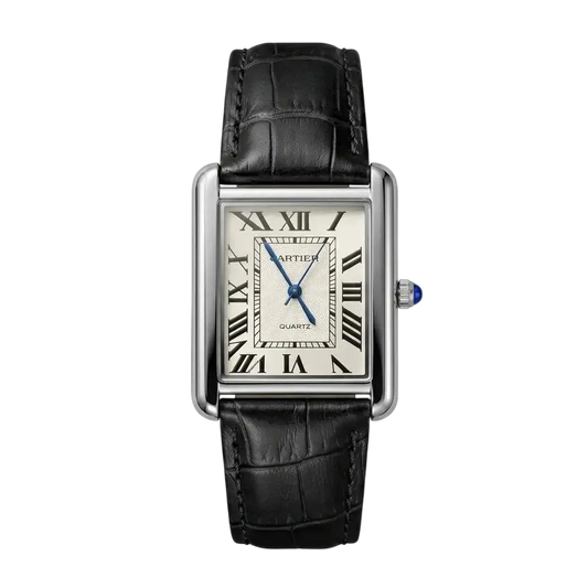 Cartier Tank Watch with Black Leather Strap Front View