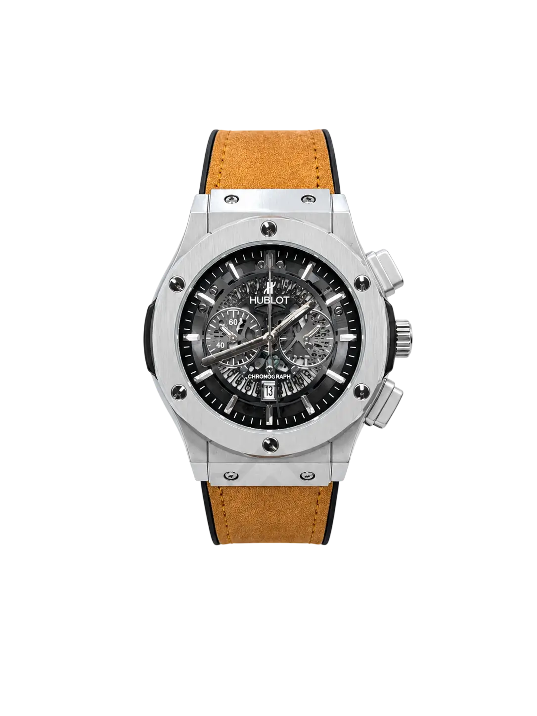 Hublot men's silver skeleton chronograph watch with light brown leather strap