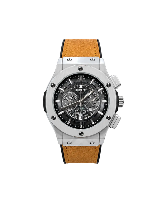 Hublot men's silver skeleton chronograph watch with light brown leather strap