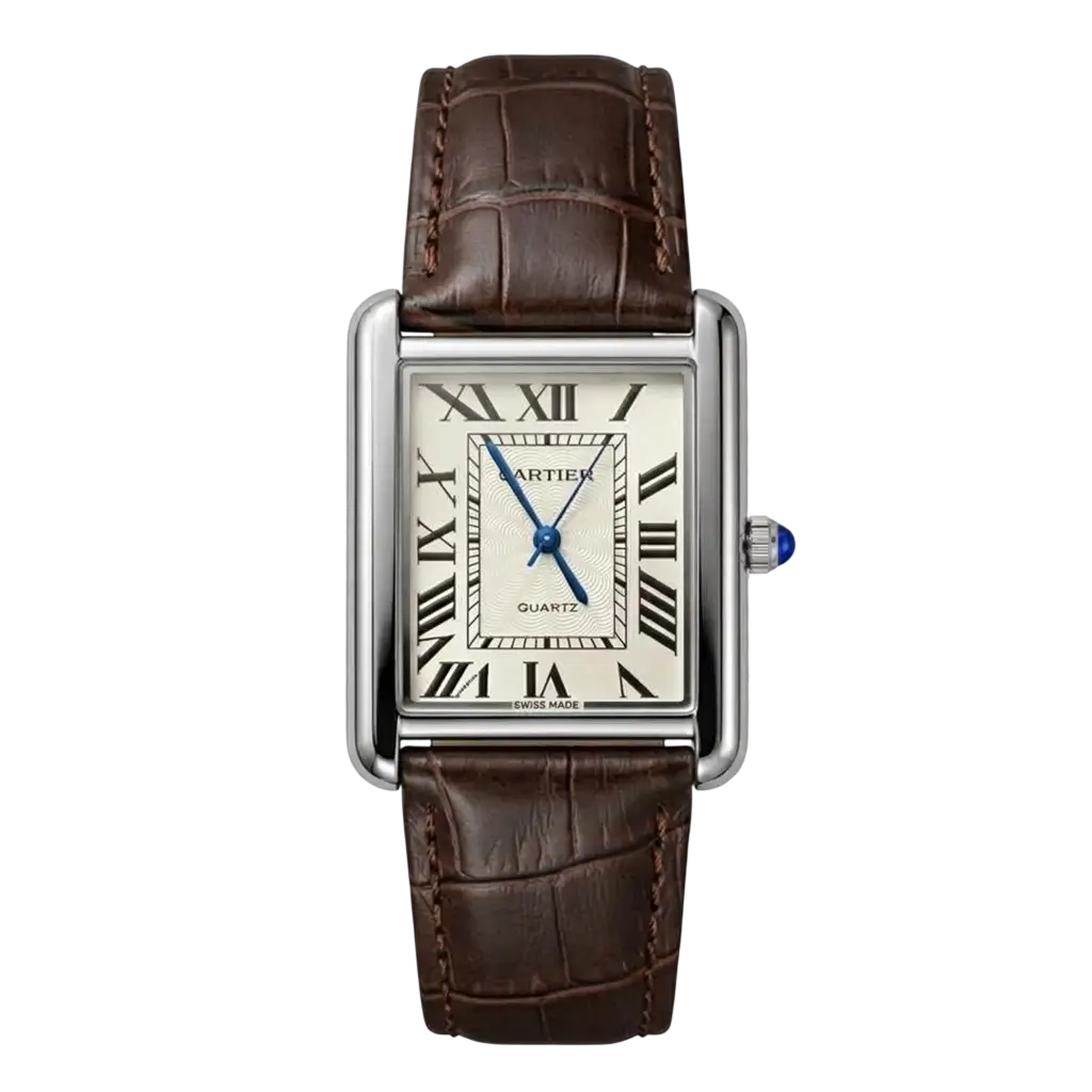 Men's rectangular silver Cartier Tank watch with brown alligator leather strap