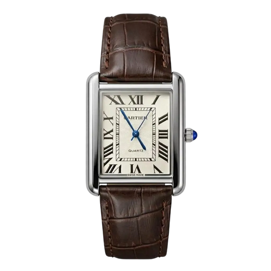 Men's rectangular silver Cartier Tank watch with brown alligator leather strap