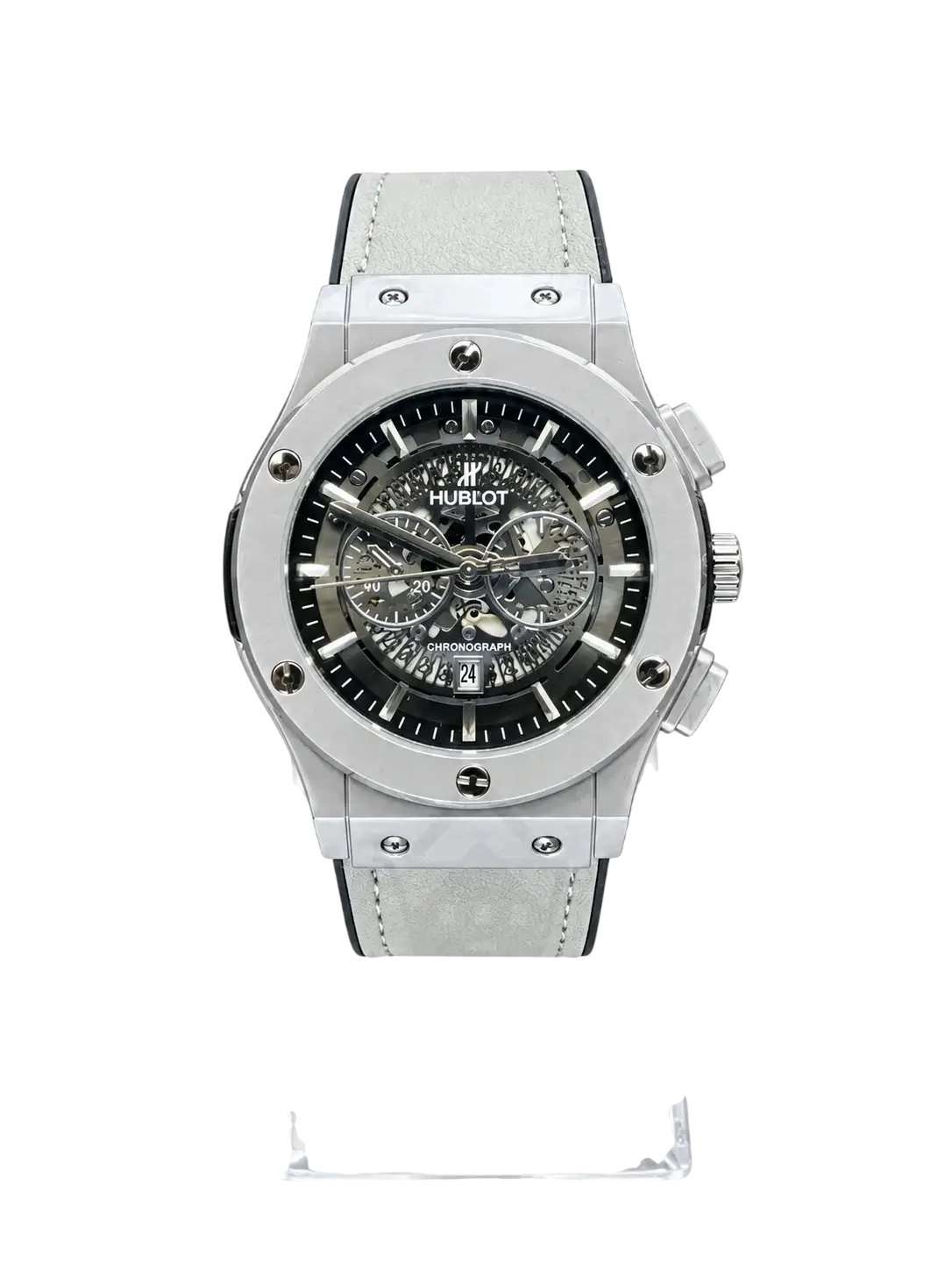 Men's silver skeleton-style watch listed under Hublot