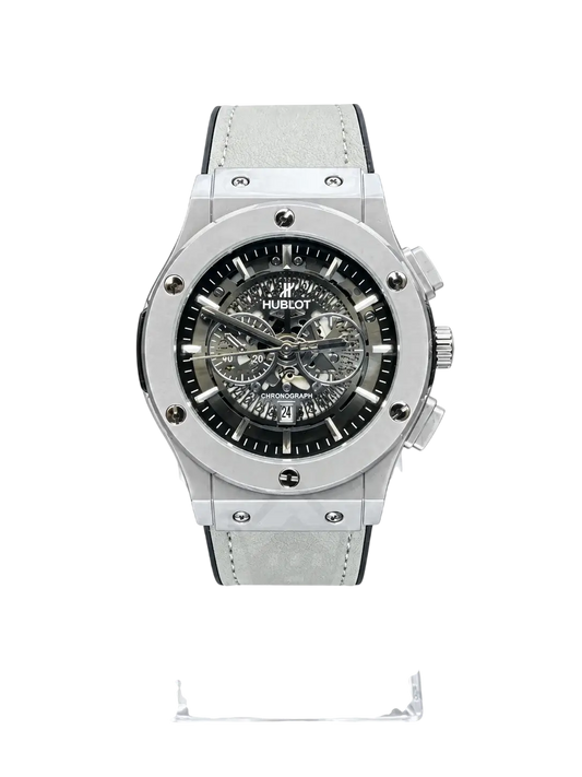 Men's silver skeleton-style watch listed under Hublot