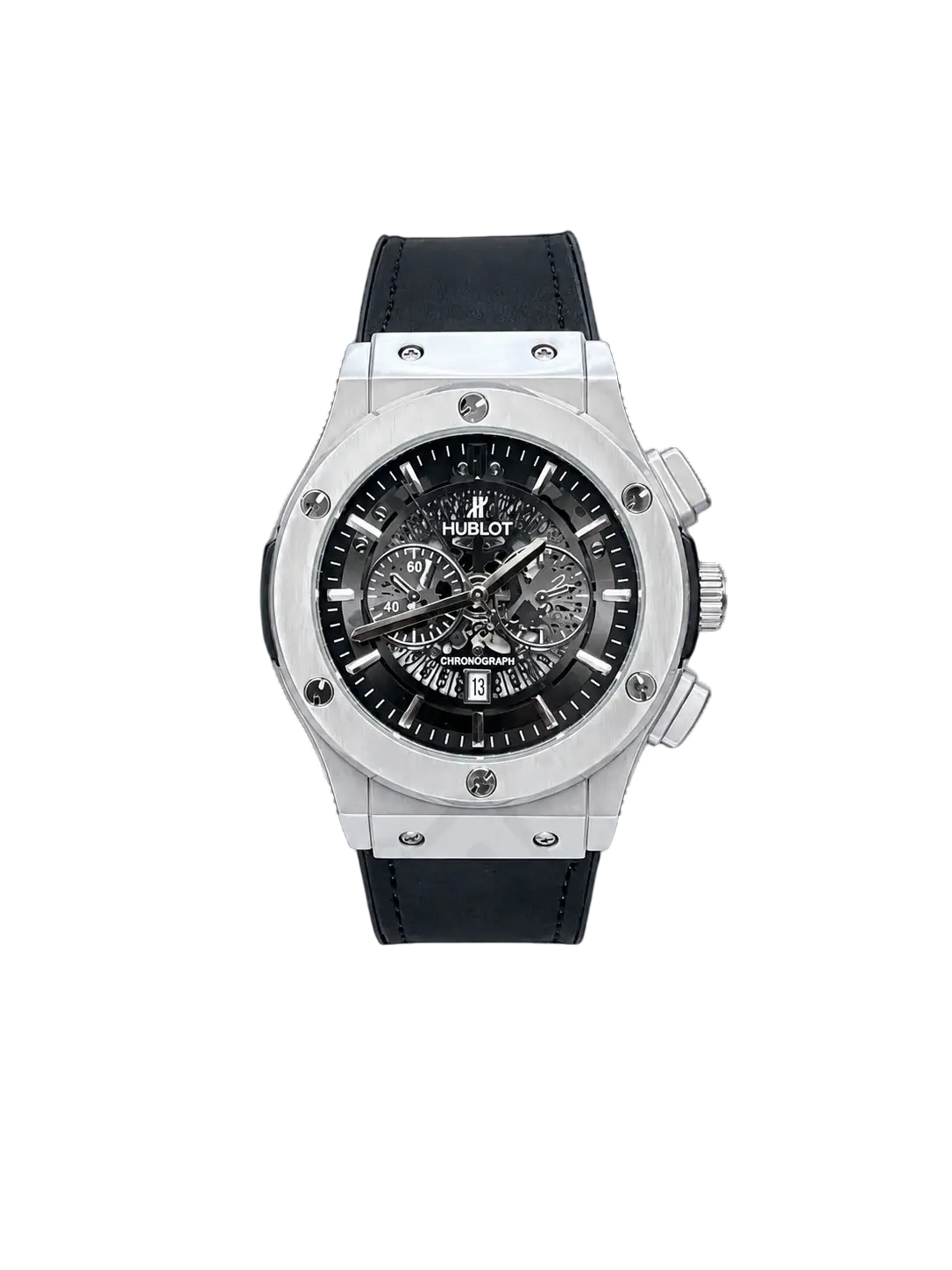 Men's silver skeleton-style watch with black leather strap