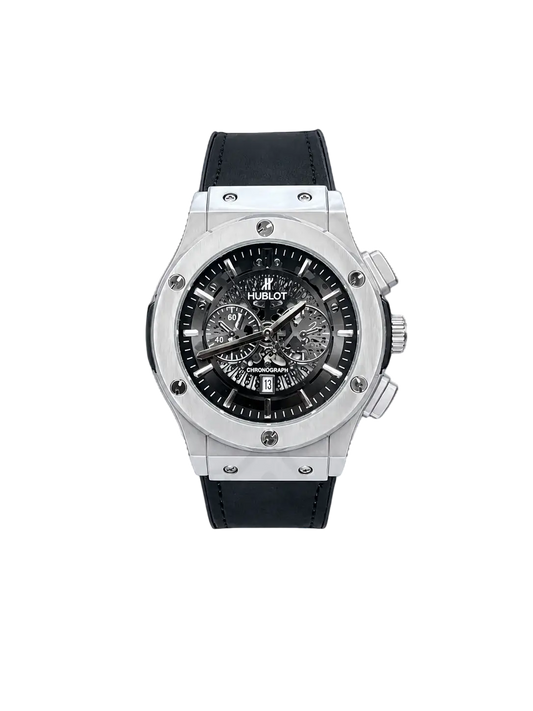 Men's silver skeleton-style watch with black leather strap