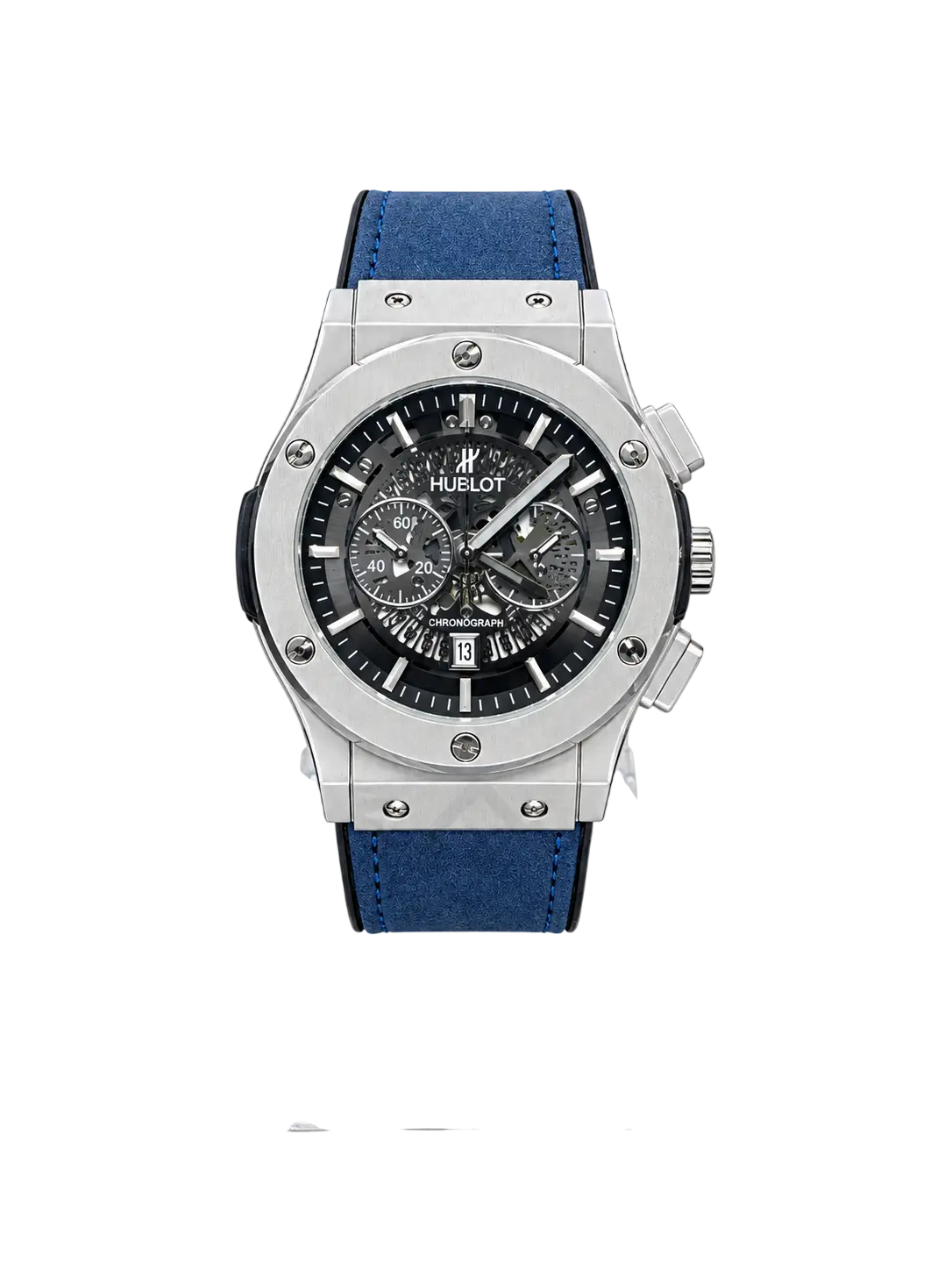 Men's silver skeleton-style watch with blue leather strap