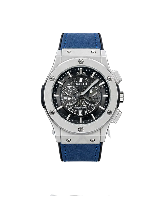 Men's silver skeleton-style watch with blue leather strap