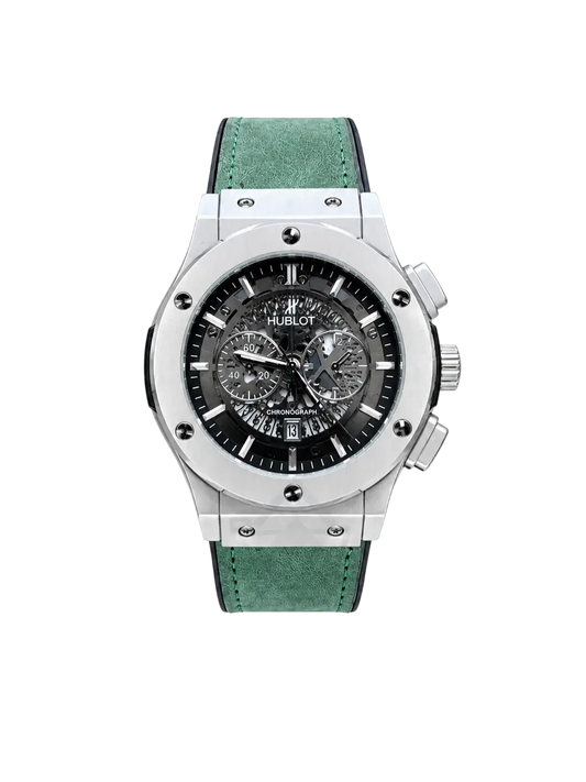 Men's silver skeleton-style watch with green leather strap