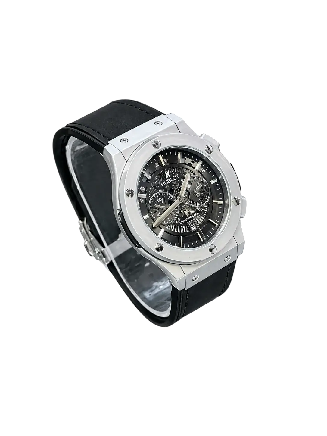 Men's silver watch with black leather strap side view