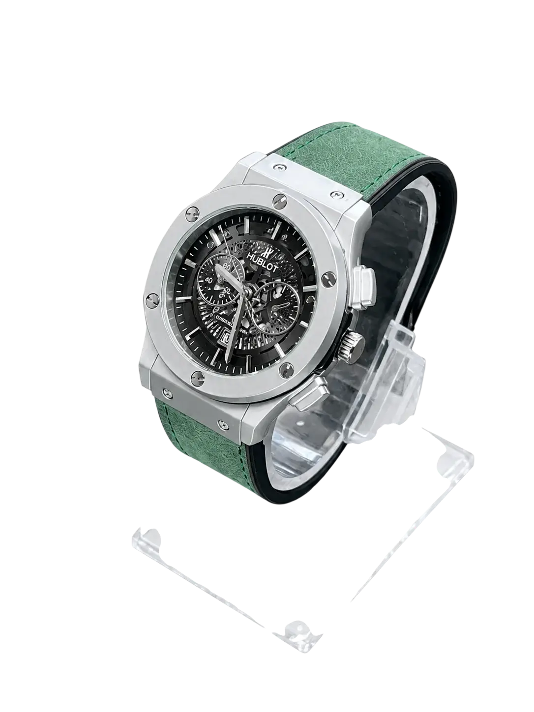 Men's silver watch with green leather strap side view