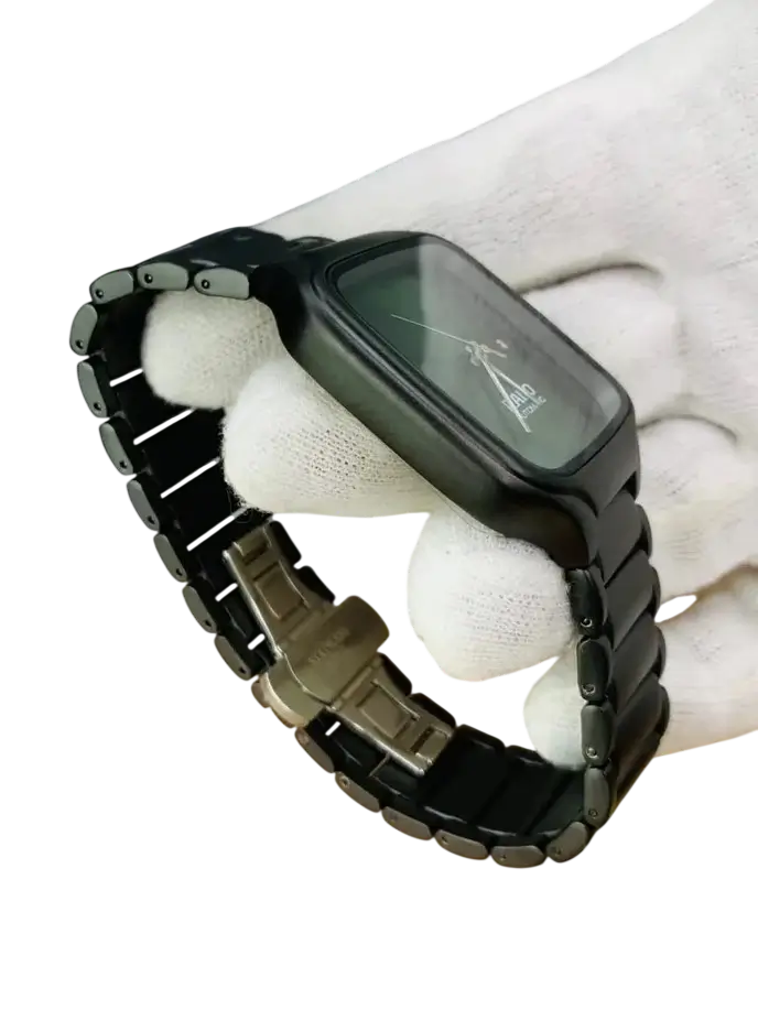 Side view of a black square-design wristwatch