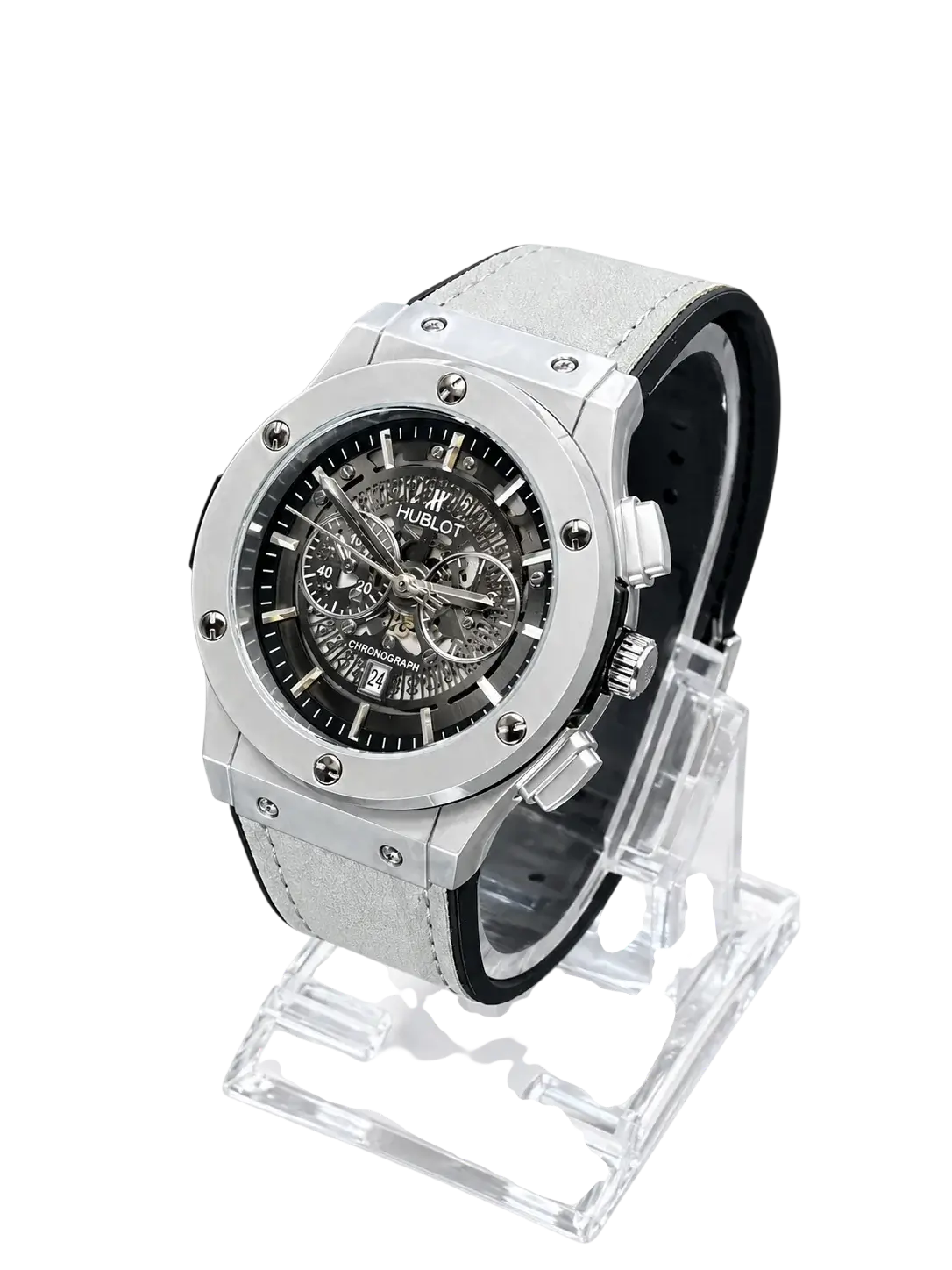 Silver skeleton watch dial detail