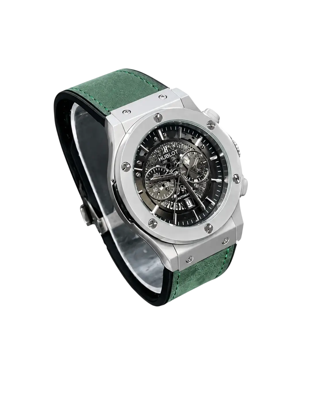 Silver skeleton watch dial with green strap