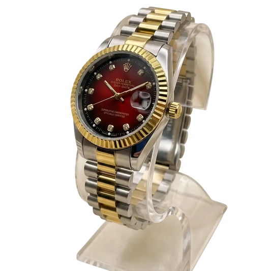 Men's RLX Datejust Silver-Gold Watch with Red Dial