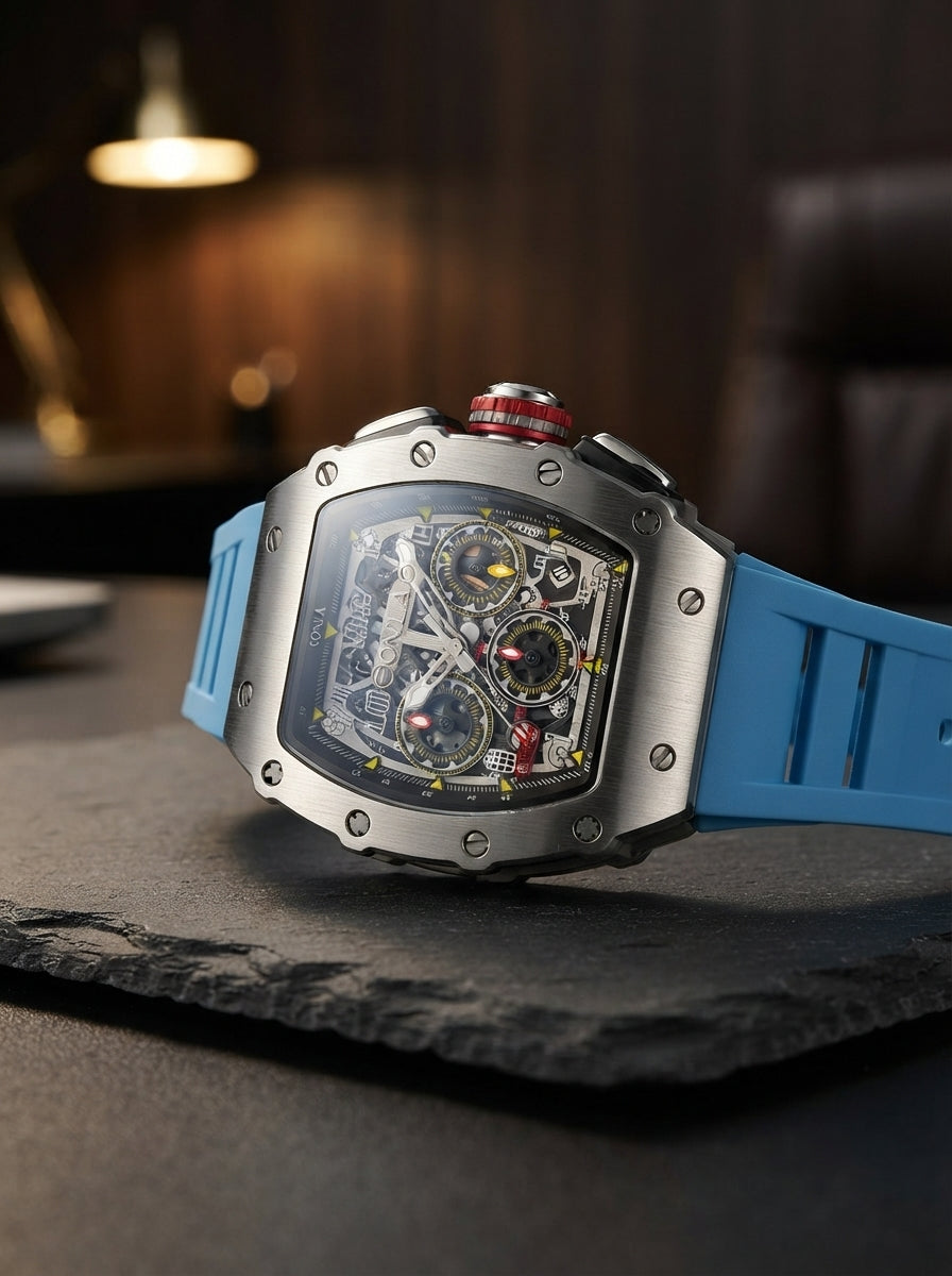 A luxury sports watch with a clear glass face resting on a dark charcoal surface under warm golden lighting.