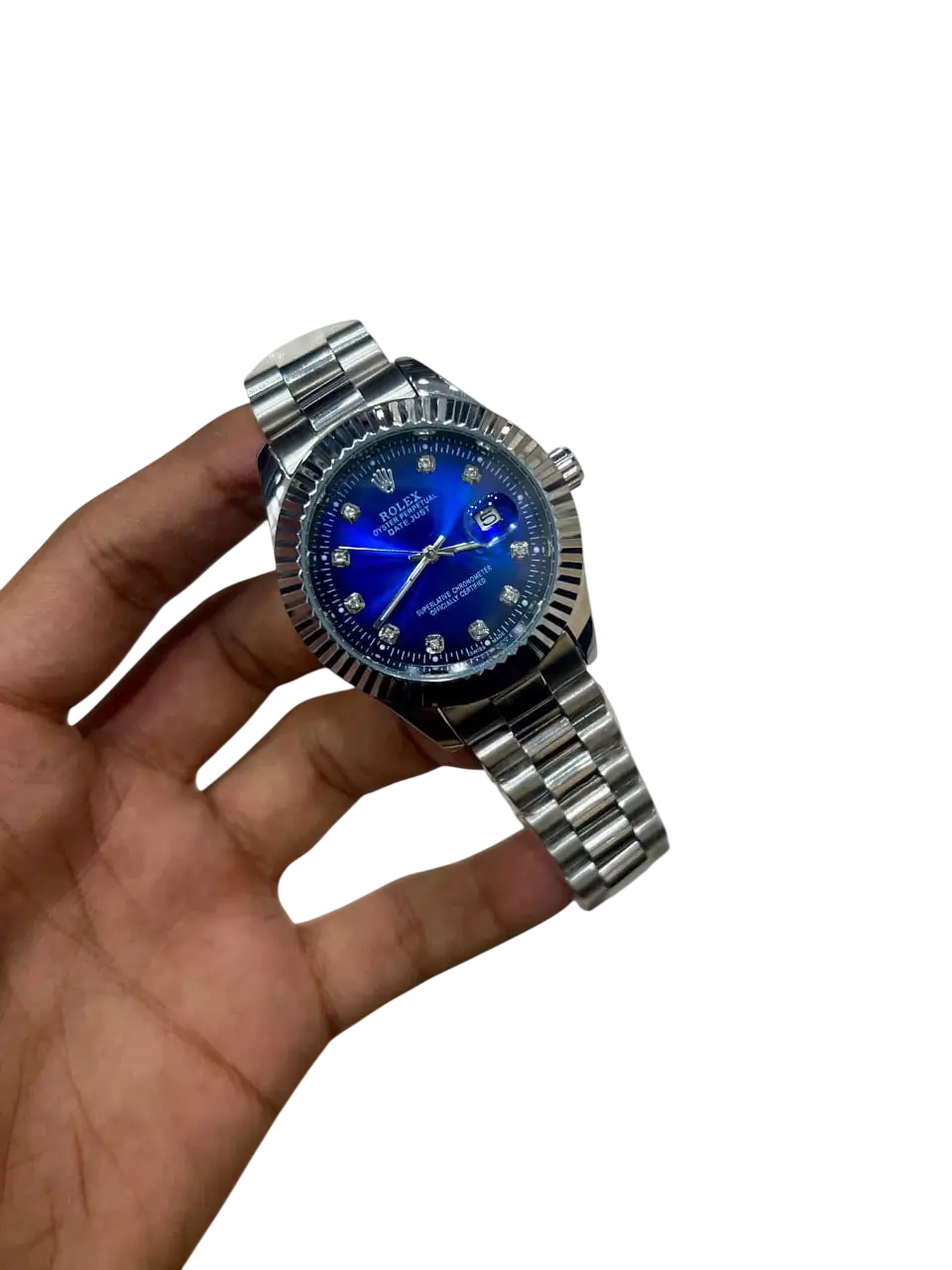 Men's RLX Blue Dial Watch with Fluted Bezel and Steel Strap