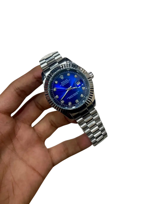 Men's RLX Blue Dial Watch with Fluted Bezel and Steel Strap