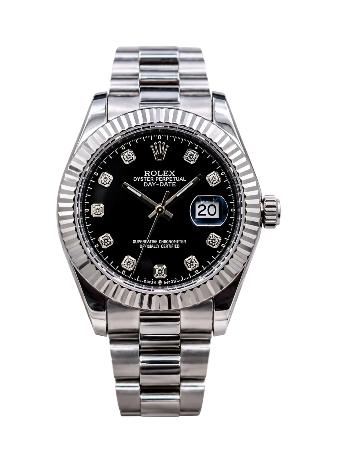 Men's RLX Black Dial Watch with Fluted Bezel and Steel Strap