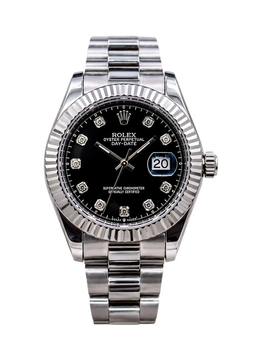 Men's RLX Black Dial Watch with Fluted Bezel and Steel Strap