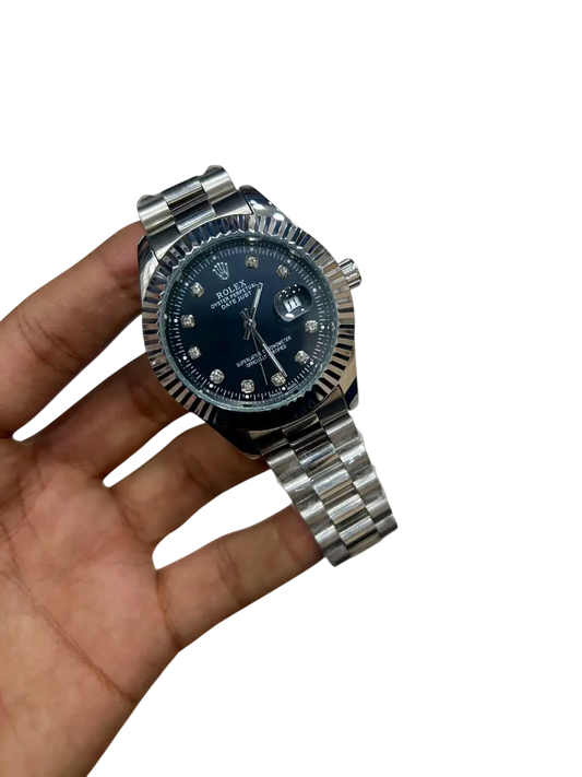 Men's RLX Black Dial Watch with Fluted Bezel and Steel Strap